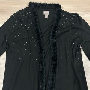 Chico's Black Rhinestone Faux-Fur Trim Open-Front Cardigan, Size M (Chico’s 1)